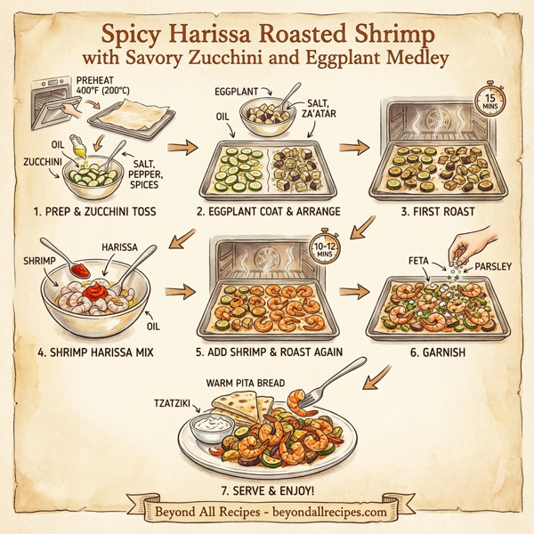 Spicy Harissa Roasted Shrimp with Savory Zucchini and Eggplant Medley instructions
