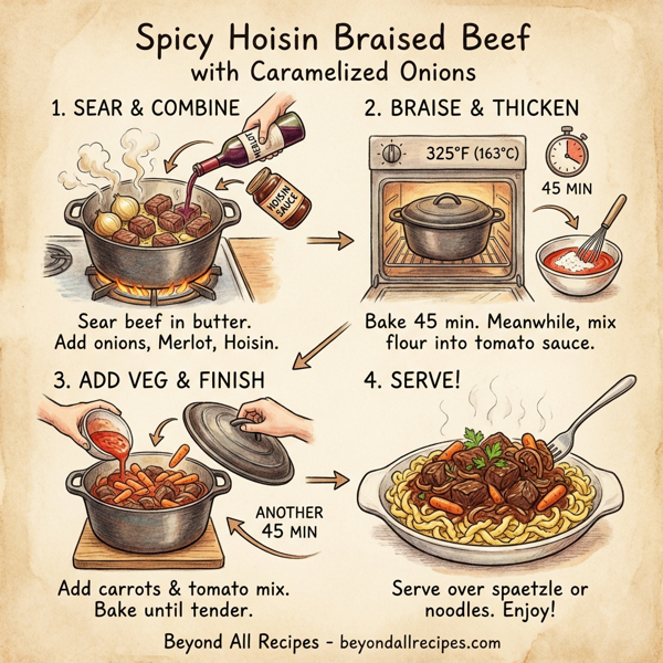Spicy Hoisin Braised Beef with Caramelized Onions instructions