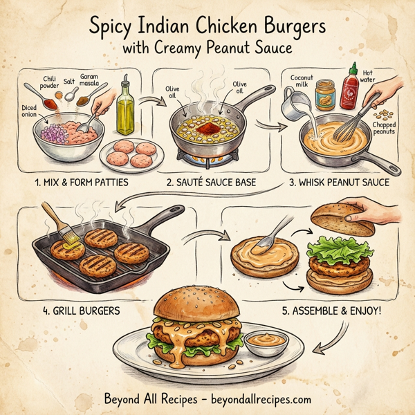 Spicy Indian Chicken Burgers with Creamy Peanut Sauce instructions
