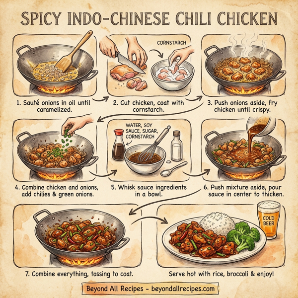 Spicy Indo-Chinese Chili Chicken with Caramelized Onions instructions