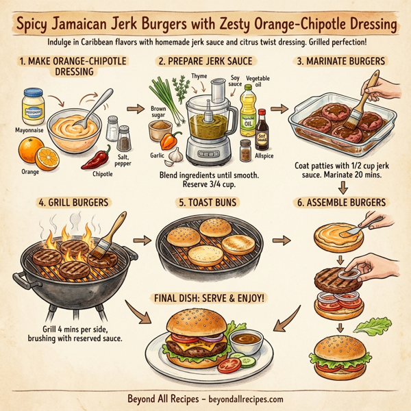 Spicy Jamaican Jerk Burgers with Zesty Orange-Chipotle Dressing instructions