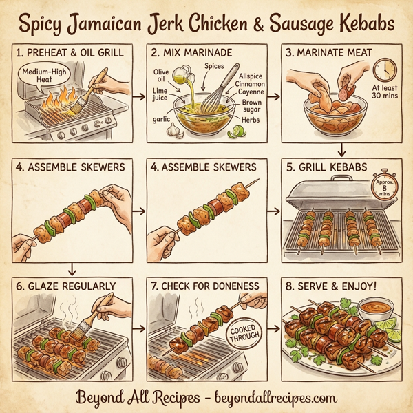 Spicy Jamaican Jerk Chicken & Sausage Kebabs instructions