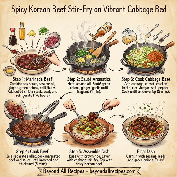 Spicy Korean Beef Stir-Fry on Vibrant Cabbage Bed instructions