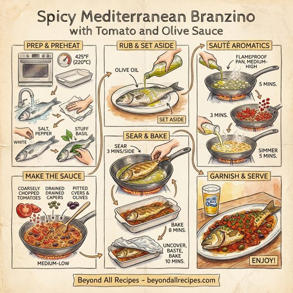 Spicy Mediterranean Branzino with Tomato and Olive Sauce instructions