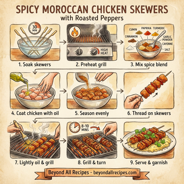 Spicy Moroccan Chicken Skewers with Roasted Peppers instructions