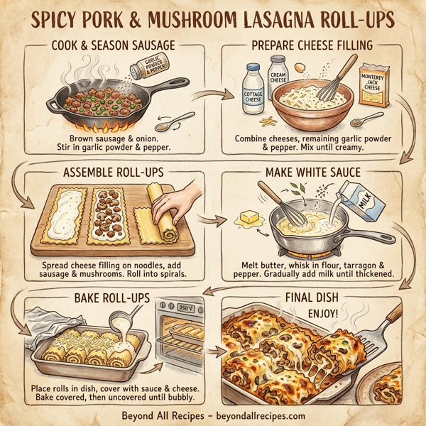 Spicy Pork and Mushroom Lasagna Roll-Ups instructions
