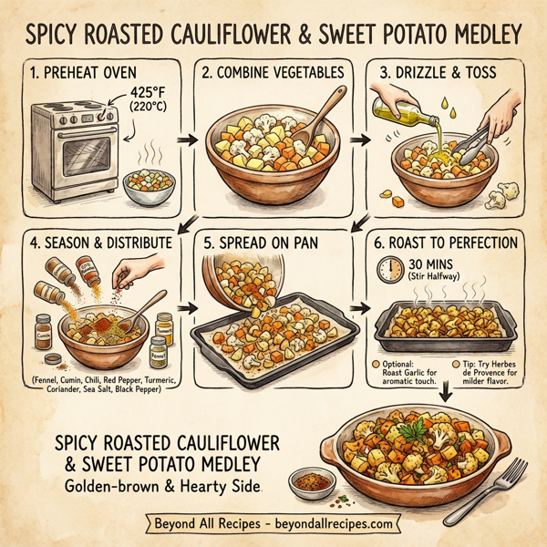Spicy Roasted Cauliflower and Sweet Potato Medley instructions