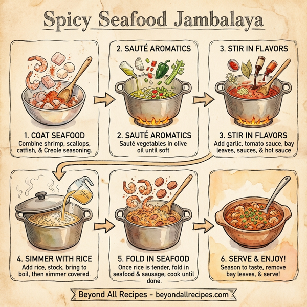 Spicy Seafood Jambalaya with Catfish, Scallops, and Shrimp instructions