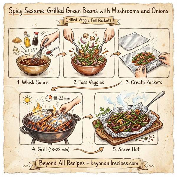 Spicy Sesame-Grilled Green Beans with Mushrooms and Onions instructions