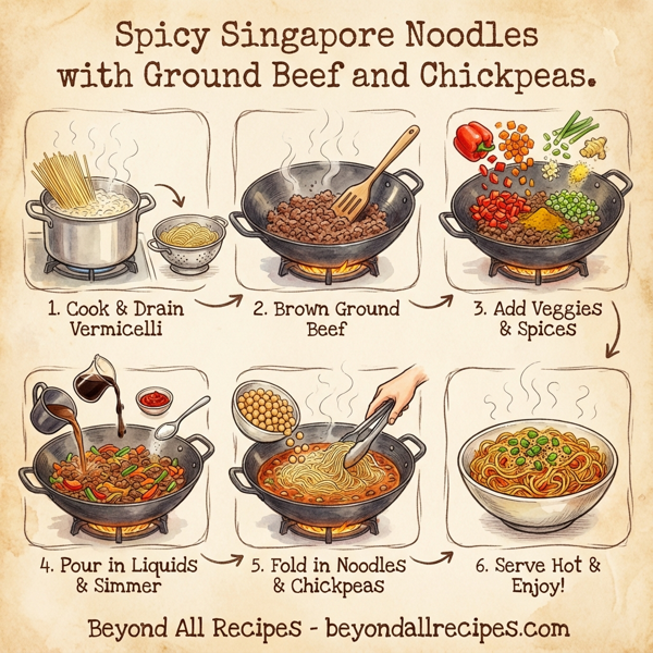 Spicy Singapore Noodles with Ground Beef and Chickpeas instructions