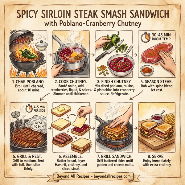 Spicy Sirloin Steak Smash Sandwich with Poblano-Cranberry Chutney instructions