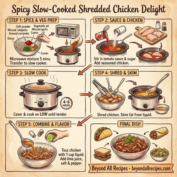 Spicy Slow-Cooked Shredded Chicken Delight instructions