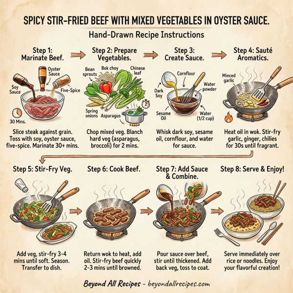 Spicy Stir-Fried Beef with Mixed Vegetables in Oyster Sauce instructions