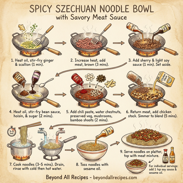 Spicy Szechuan Noodle Bowl with Savory Meat Sauce instructions