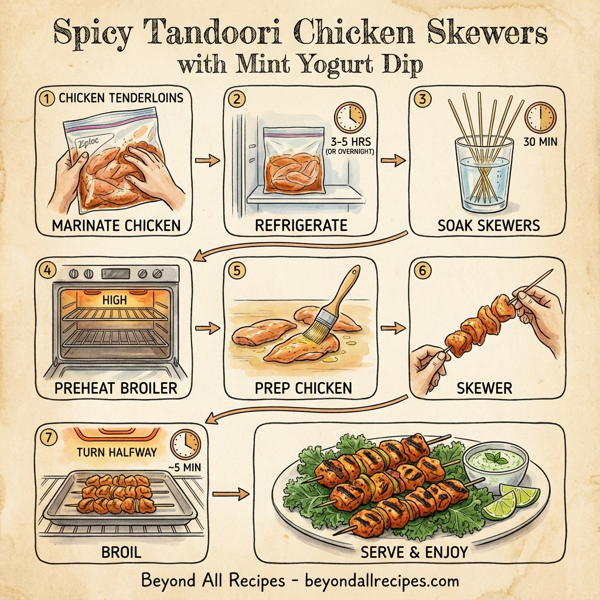 Spicy Tandoori Chicken Skewers with Mint Yogurt Dip instructions