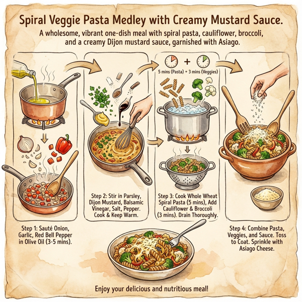 Spiral Veggie Pasta Medley with Creamy Mustard Sauce instructions