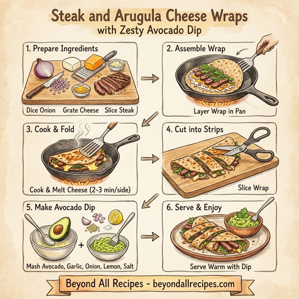 Steak and Arugula Cheese Wraps with Zesty Avocado Dip instructions