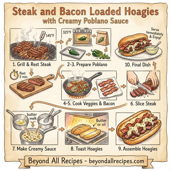 Steak and Bacon Loaded Hoagies with Creamy Poblano Sauce instructions