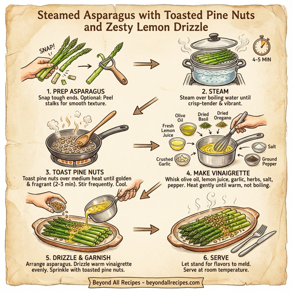 Steamed Asparagus with Toasted Pine Nuts and Zesty Lemon Drizzle instructions