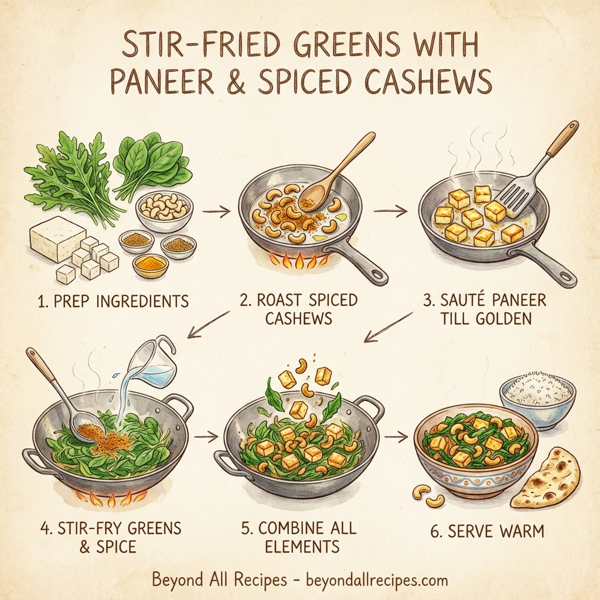 Stir-Fried Greens with Paneer and Spiced Cashews instructions