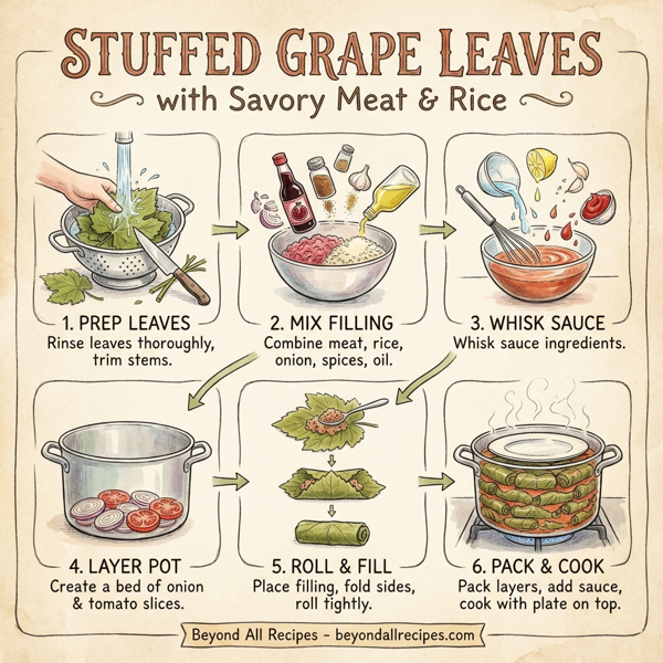 Stuffed Grape Leaves with Savory Meat and Rice instructions