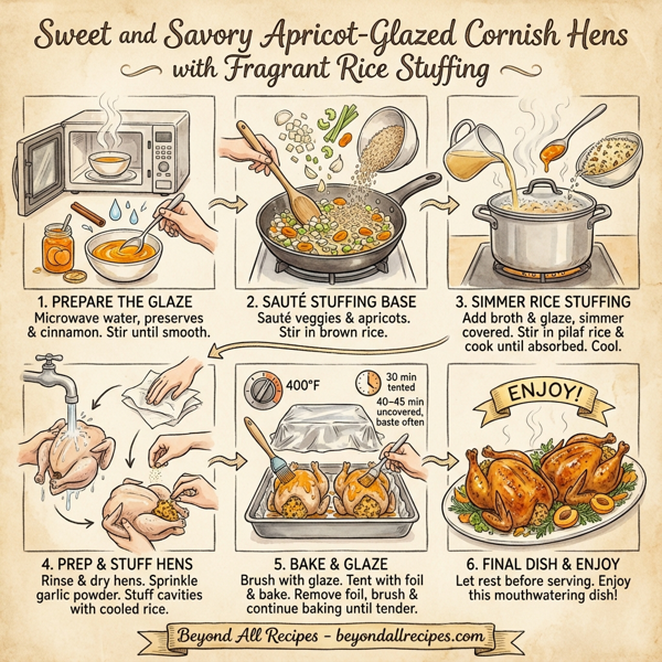 Sweet and Savory Apricot-Glazed Cornish Hens with Fragrant Rice Stuffing instructions