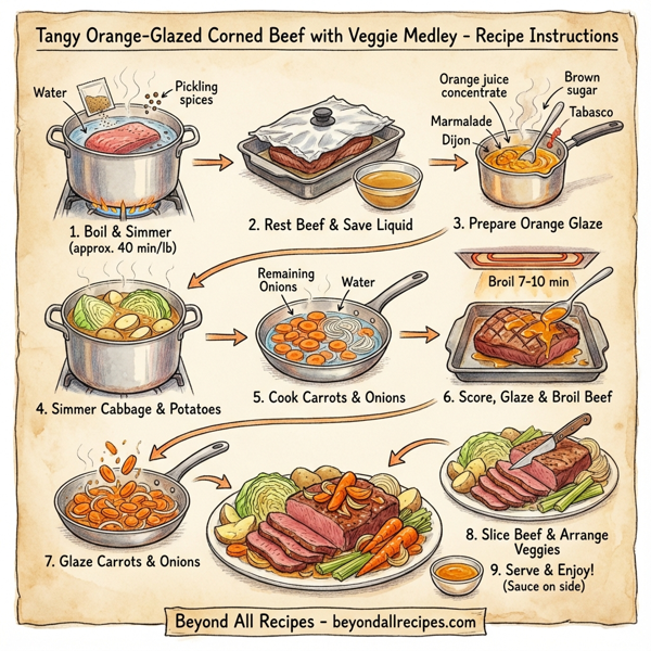 Tangy Orange-Glazed Corned Beef with Veggie Medley instructions