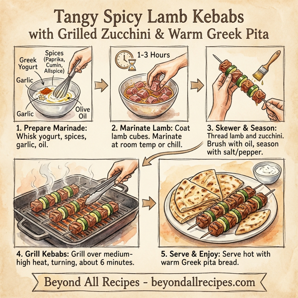 Tangy Spicy Lamb Kebabs with Grilled Zucchini & Warm Greek Pita instructions