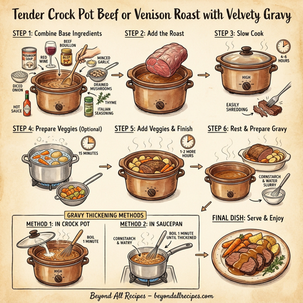Tender Crock Pot Beef or Venison Roast with Velvety Gravy instructions