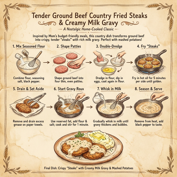 Tender Ground Beef Country Fried Steaks with Creamy Milk Gravy instructions