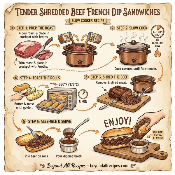 Tender Shredded Beef French Dip Sandwiches instructions