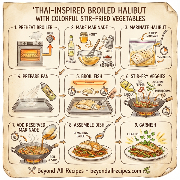 Thai-Inspired Broiled Halibut with Colorful Stir-Fried Vegetables instructions
