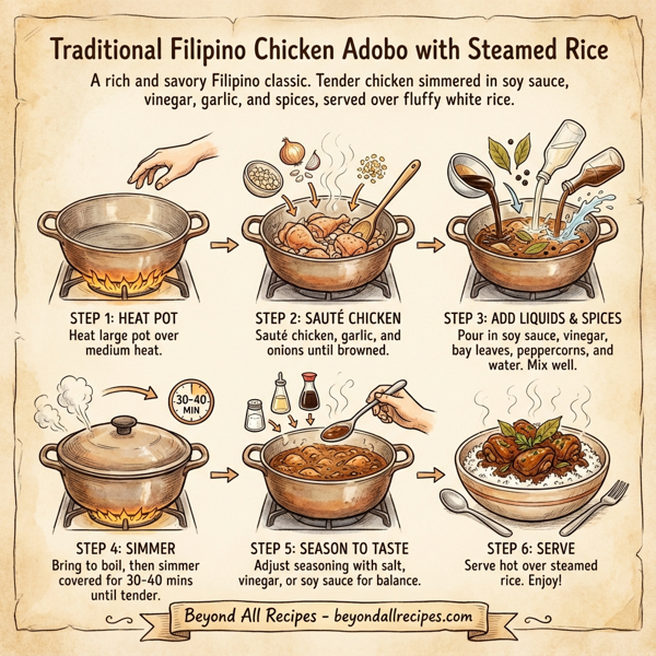 Traditional Filipino Chicken Adobo with Steamed Rice instructions