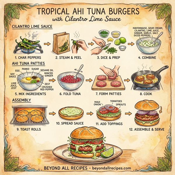Tropical Ahi Tuna Burgers with Cilantro Lime Sauce instructions