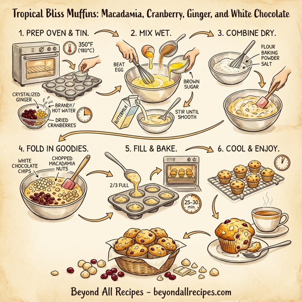 Tropical Bliss Muffins with Macadamia, Cranberry, Ginger, and White Chocolate instructions