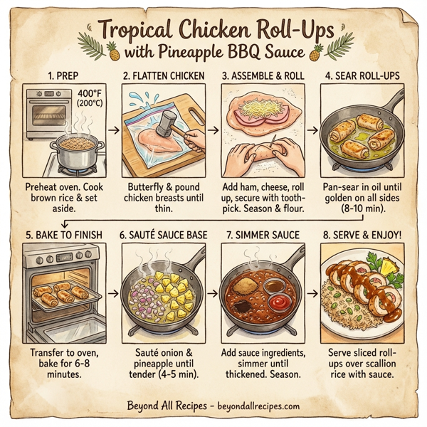 Tropical Chicken Roll-Ups with Pineapple BBQ Sauce instructions