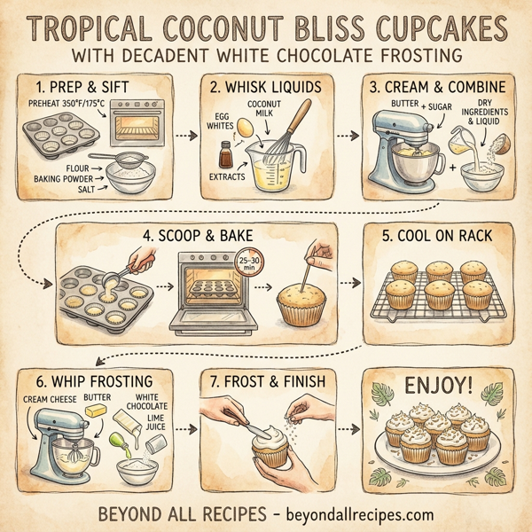 Tropical Coconut Bliss Cupcakes with Decadent White Chocolate Frosting instructions