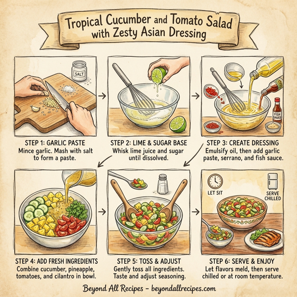 Tropical Cucumber and Tomato Salad with Zesty Asian Dressing instructions