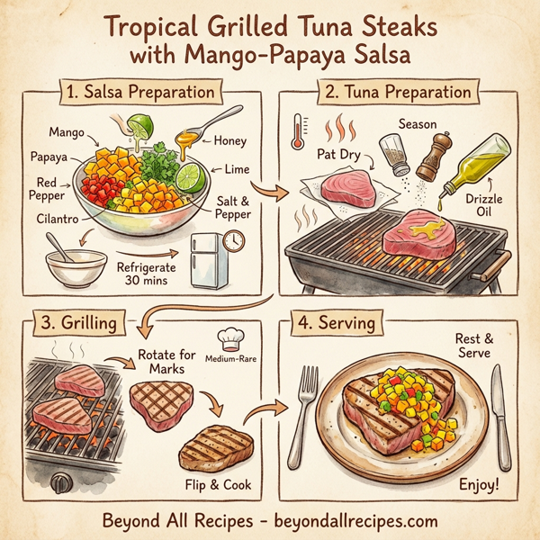 Tropical Grilled Tuna Steaks with Mango-Papaya Salsa instructions