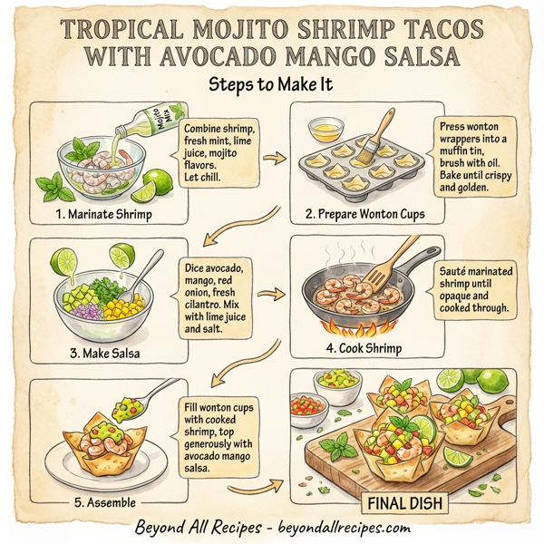 Tropical Mojito Shrimp Tacos with Avocado Mango Salsa instructions