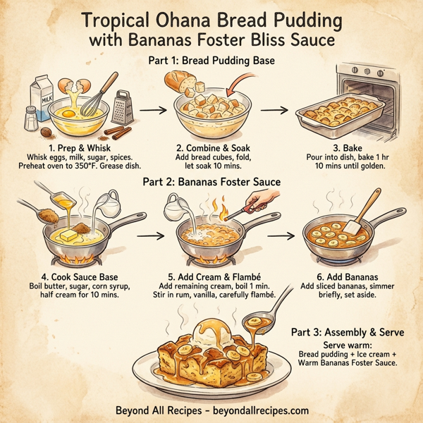Tropical Ohana Bread Pudding with Bananas Foster Bliss Sauce instructions