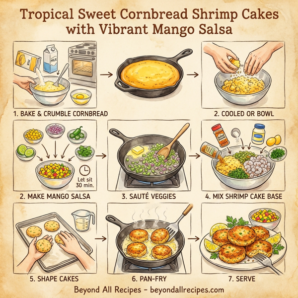 Tropical Sweet Cornbread Shrimp Cakes with Vibrant Mango Salsa instructions