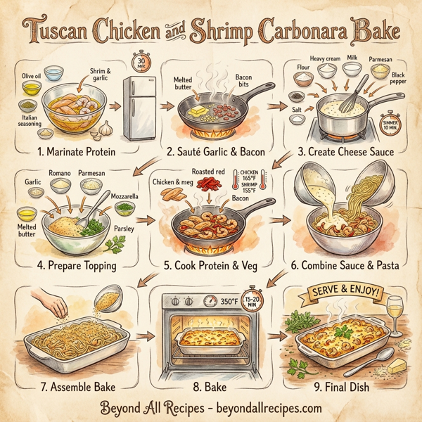 Tuscan Chicken and Shrimp Carbonara Bake instructions