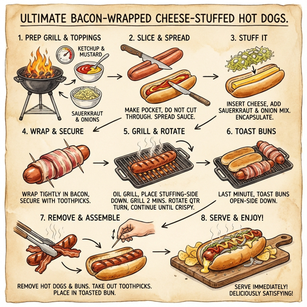 Ultimate Bacon-Wrapped Cheese-Stuffed Hot Dogs instructions