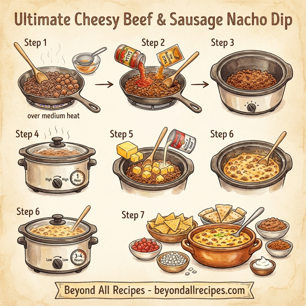 Ultimate Cheesy Beef & Sausage Nacho Dip instructions