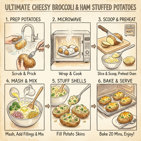 Ultimate Cheesy Broccoli & Ham Stuffed Potatoes instructions