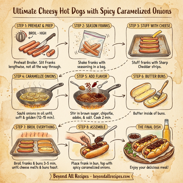 Ultimate Cheesy Hot Dogs with Spicy Caramelized Onions instructions