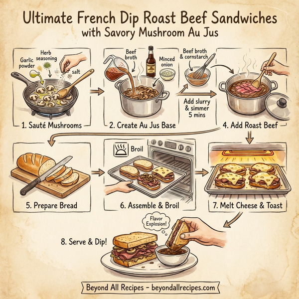Ultimate French Dip Roast Beef Sandwiches with Savory Mushroom Au Jus instructions