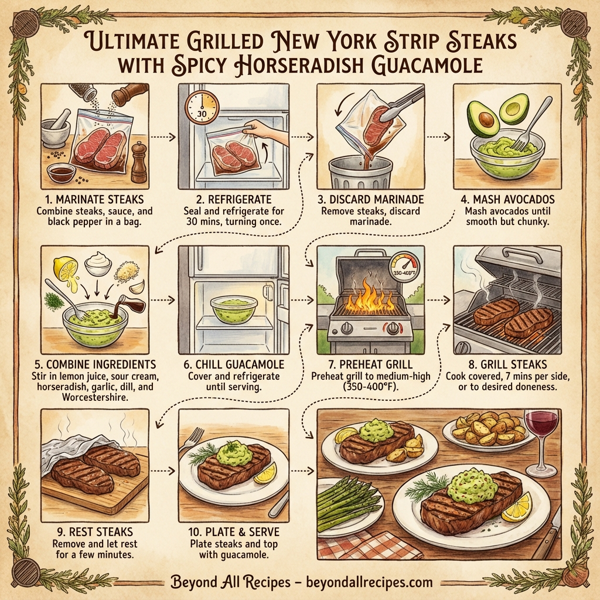 Ultimate Grilled New York Strip Steaks with Spicy Horseradish Guacamole instructions