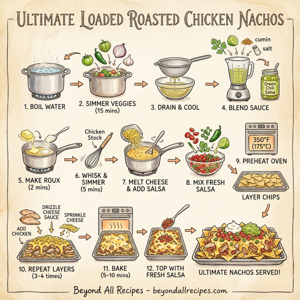 Ultimate Loaded Roasted Chicken Nachos with Creamy Green Chili Cheese Sauce instructions